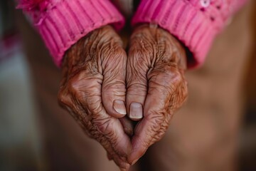 Fototapeta premium Close-up of elderly hands clasped together, showcasing the wrinkles and textures of aging.
