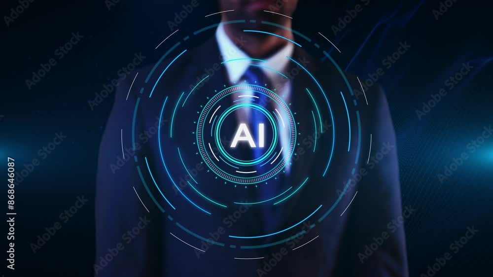 Poster futuristic technology ai tech businessman virtual display global internet connect robot chat, artifi