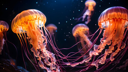 Fototapeta premium glowing sea jellyfishes on dark background, neural network generated art. 