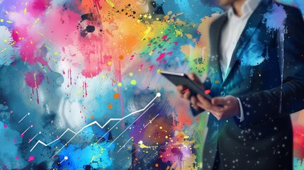 Businessman holding tablet with colorful abstract background and line graph, symbolizing growth and creativity in business.