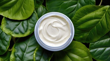 Top view an open cream cosmetic jar on nature foliage