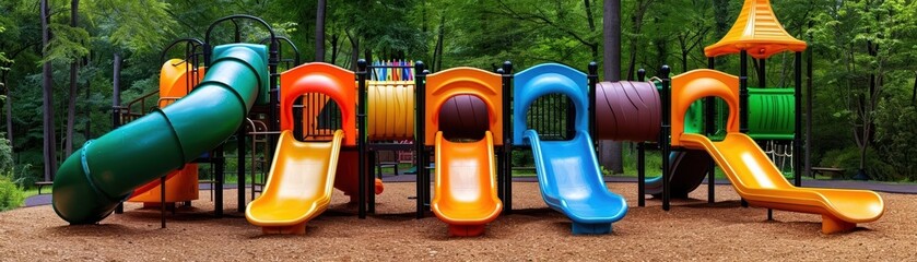 Colorful children's playground with multiple slides and tunnels set in a verdant forest park