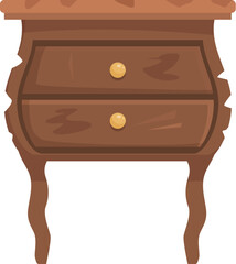 Old wooden nightstand with two drawers, a piece of furniture standing on curved legs