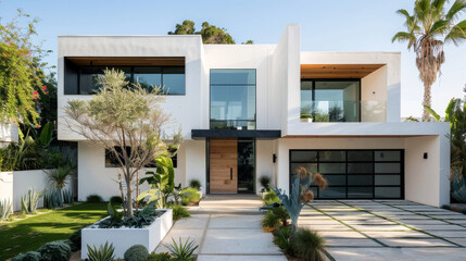 3D Rendering of minimal contemporary style residential project. An exterior view of modern design home with minimal landscape.