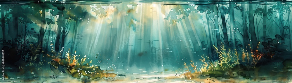 Poster mystical forest with sunbeams shining through dense trees and vibrant foliage creating an ethereal, 