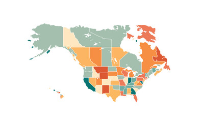 Map of North America isolated modern colorful style. for website layouts, background, education, precise, customizable, Travel worldwide, map silhouette backdrop, earth geography, political.