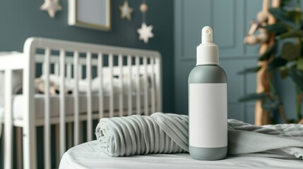 A baby lotion bottle with no label next to a crib