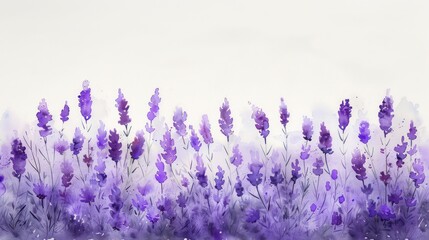 Naklejka premium Beautiful watercolor illustration of a lavender field in full bloom, with vibrant purple flowers against a soft white background.