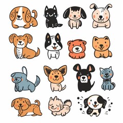 Fototapeta premium Cute dogs set, pet animal symbols, hand drawn puppy icons silhouettes, funny dog character drawings