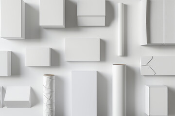 A collection of packaging boxes and a packaging tube elegantly arranged on a pristine white background