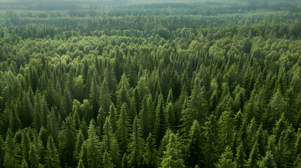 Obraz premium cinematic bird view of taiga forest with fir trees and pine trees