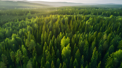 cinematic bird view of taiga forest with fir trees and pine trees