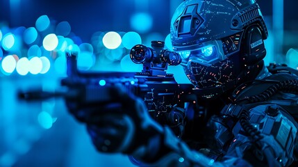 Armed with a modern mask and guns ready for action in the vivid blue bright light very detailed and realistic shape