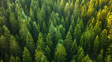 Fototapeta premium cinematic bird view of taiga forest with fir trees and pine trees