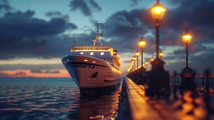 Obraz premium At dusk a big white cruise ship is positioned close to the pier very detailed and realistic shape