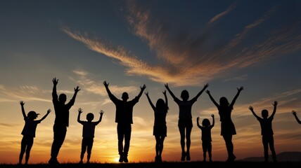 Fototapeta premium Silhouette illustration of people jumping up because they feel happy