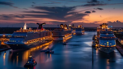 Fototapeta premium At dusk walt dream cruise ships anchored in port canaveral very detailed and realistic shape