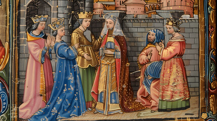 Medieval style colorful wall and manuscript illustrations of middle ages aristocracy
