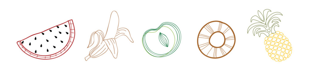 Fruits Icons in Color Sketch Vector Set.