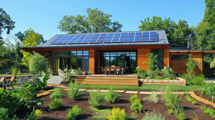 An eco-friendly home with solar panels on the roof, a green garden, and sustainable living features