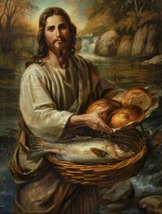 Miraculous Feeding of the Multitude: Jesus Blessing the Fish and Bread. Inspirational Biblical Artwork.