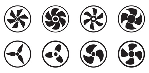 Air cool fan icons of ventilator, blower, blowhole and fan propeller blade. Cooling, conditioning and ventilation equipment monochrome vector symbols. PC computer, car engine or boat turbine fan