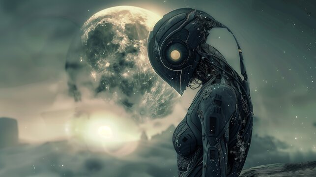 Futuristic robot standing in a misty alien landscape with a large moon in the background, atmospheric and mysterious
