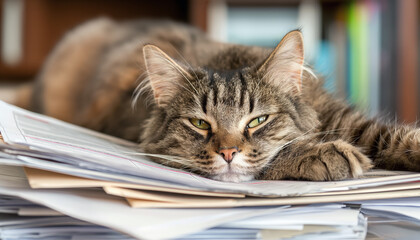 A tabby cat lying down lazily on a pile of scattered documents, with its eyes half-closed, resting amid a workspace.