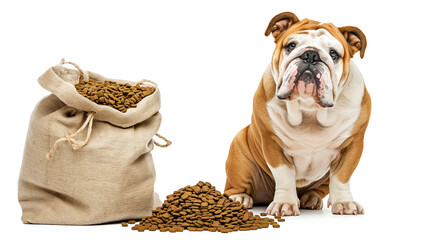 A bulldog with an expressive face sits next to a burlap bag filled with dog food pellets, with the pellets scattered in front of him. White background.