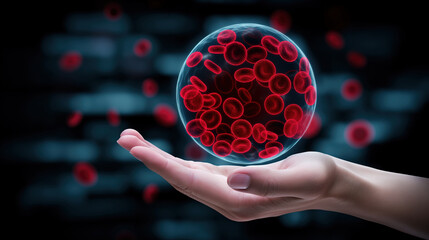 A human hand holding a transparent sphere containing red blood cells, set against a dark, blurred background with glowing red highlights.