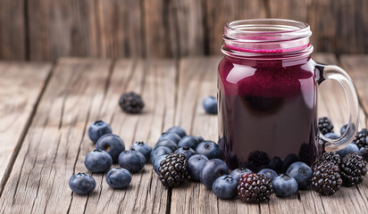 A mason jar filled with fresh berry juice, surrounded by scattered blueberries and blackberries on a rustic wooden table.