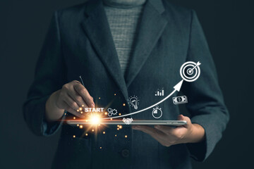 Initial concept with icons business and network connection on modern virtual interface from digital...
