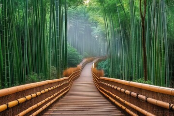 Fototapeta premium A tranquil wooden walkway leads through a dense bamboo forest, shrouded in morning mist, creating a calming and enchanting atmosphere perfect for nature lovers.