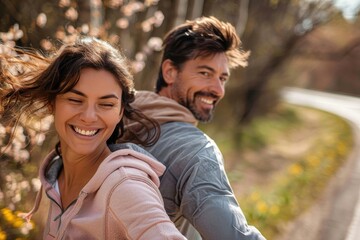 Obraz premium A couple enjoying a joyous moment outdoors, laughing and holding hands amidst a scenic landscape, representing happiness, freedom, and connection in nature’s embrace.