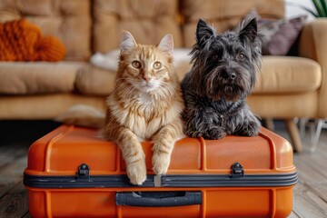 Plakat An orange cat and a black dog are lounging together on an orange suitcase in a cozy, homey setting, featuring a comfortable sofa and a warmly lit living room.