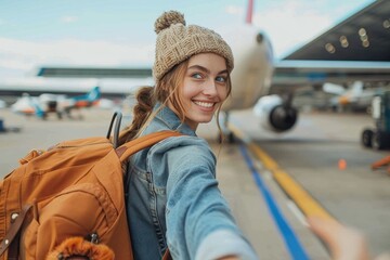 A smiling woman wearing a beanie and carrying a backpack, ready to board a plane at the airport, representing the joy and anticipation of starting a new travel adventure.