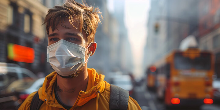 A close-up shot of a young man wearing a medical mask on a city street.