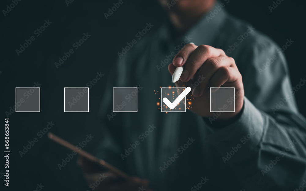 Poster hand of businessman marking checkbox on a digital interface. depicts decision-making and task manage