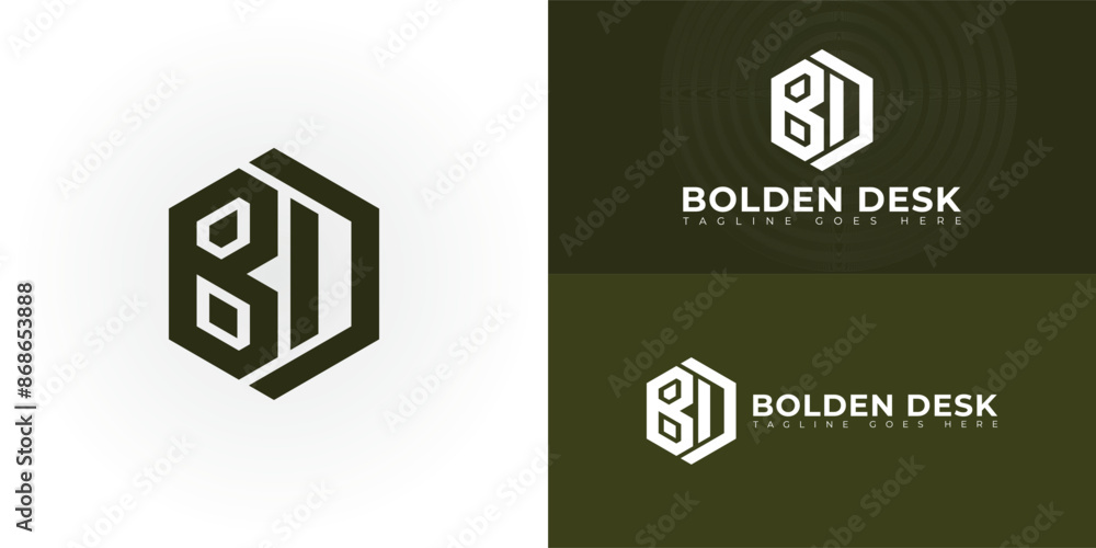 Aufkleber abstract initial hexagon letters bd or db logo in green color isolated on multiple background colors