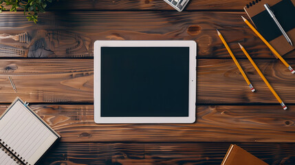 top view photo of tablet mockup on a high quality wooden table