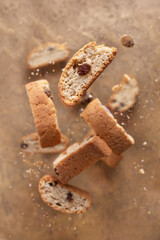 Italian cantucci cookies, flying food, selective focus