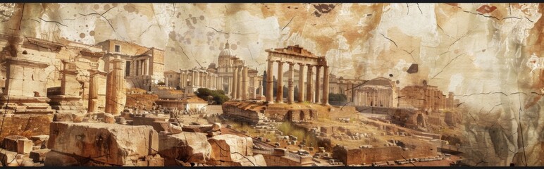 Naklejka premium Journey through the ancient city. Collage of photos of an ancient city. Paper texture. AI generated