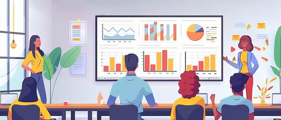 An HR analytics workshop with interactive data visualization tools, modern training room, insightful discussions