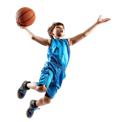 Boy in Blue Jersey Jumping With Basketball , Dynamic Sports Posture Capturing Motion.. Isolated on a Transparent Background. Cutout PNG.