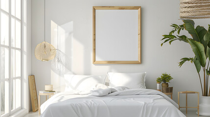 Scandinavian simple interior design bedroom with empty poster mockup on the wall