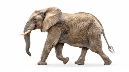 Obraz premium Close-up of a majestic African elephant walking on a white background. The elephant is beautifully captured in stride, showcasing its natural elegance. 
