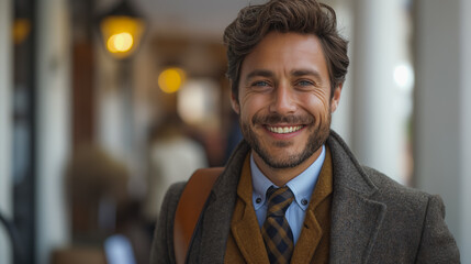 Fototapeta premium Smiling businessman with briefcase, dressed in a suit and tie