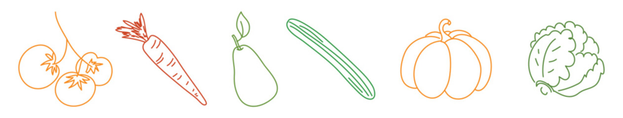 Vegetables Icons in Color Sketch Vector Set.