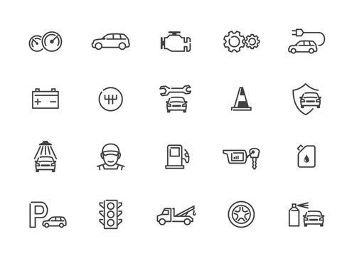 Car service and repair icons set. Automotive symbols in contour. Line pictograms collection. Vector illustration