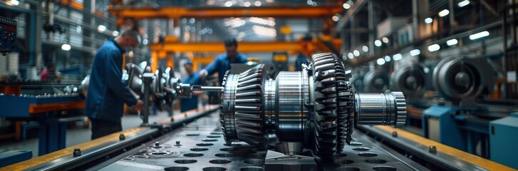Naklejka premium A photo of an industrial factory with workers working on large engine parts, such as aircraft engines or power plant turbines. The focus is on the machinery and tools